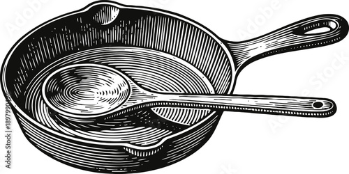 Vintage cast iron skillet with wooden spoon engraving classic kitchen cookware illustration in black and white