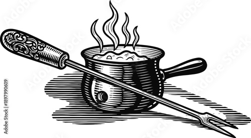 Vintage cheese fondue pot with long fork and melted cheese in classic engraving