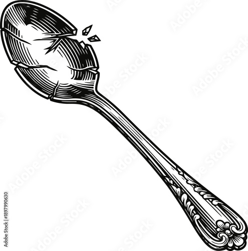 vintage broken spoon with ornate handle detailed engraving isolated on white background