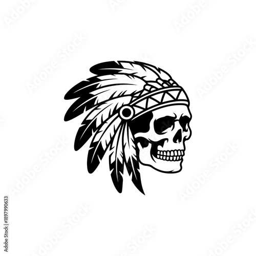 A bold black and white vector illustration of a human skull wearing a traditional Native American feathered headdress. A powerful and detailed high-contrast tribal emblem.
