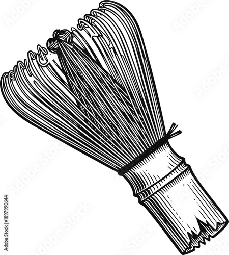 Traditional bamboo matcha whisk for japanese tea ceremony and green tea preparation, line art illustration