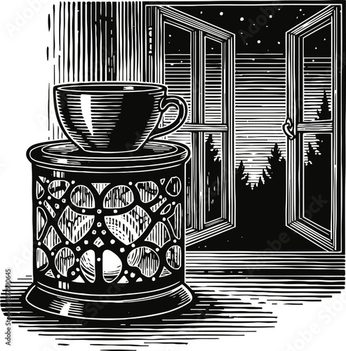 vintage teacup on ornate warmer by open window with starry night sky and forest silhouette