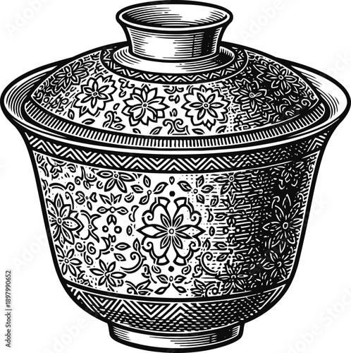 Ornate ceramic bowl with intricate floral patterns and decorative lid engraving