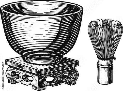 Traditional japanese tea bowl and bamboo matcha whisk for ceremonial tea preparation
