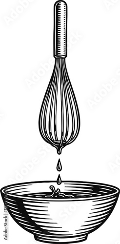 Hand drawn whisk dripping liquid into bowl kitchen utensil for mixing and baking processes