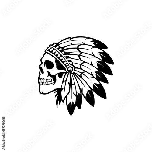A bold black and white vector illustration of a human skull wearing a traditional Native American feathered headdress. A powerful and detailed high-contrast tribal emblem.