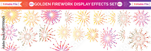 Golden fireworks and sparkling stars forming an elegant festive frame on a white background. Perfect vector design for New Year, celebration posters, greeting cards, and holiday banners.