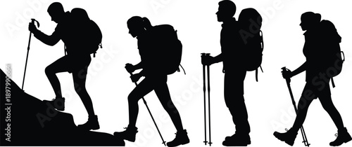 Mountain hikers silhouettes trekking adventure backpacking outdoor exploration hiking journey teamwork endurance nature flat vector illustration isolated concept design travel