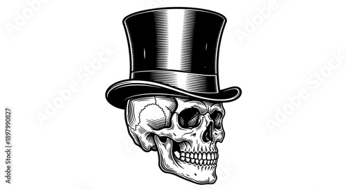 Vintage Skull in Top Hat Illustration. Black and White Engraving Style Skeleton Head for Tattoo, Apparel, or Mascot Design.