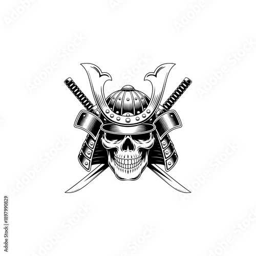 A detailed black and white vector illustration of a human skull wearing a traditional Japanese samurai helmet with crossed katanas. A powerful warrior-themed graphic.