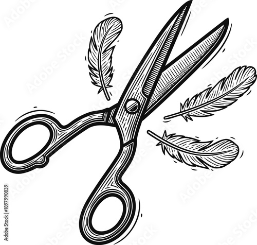 vintage scissors cutting feathers hand drawn black and white illustration of open shears with detailed plumage