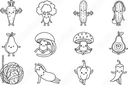 Cute vegetable characters line art set, kawaii healthy food illustration, cartoon veggies fitness yoga, kids coloring page vector black white