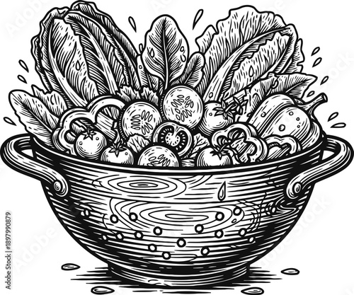 Fresh vegetable salad bowl with leafy greens, tomatoes, cucumbers, and bell peppers illustration
