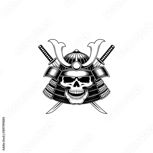 A detailed black and white vector illustration of a human skull wearing a traditional Japanese samurai helmet with crossed katanas. A powerful warrior-themed graphic.