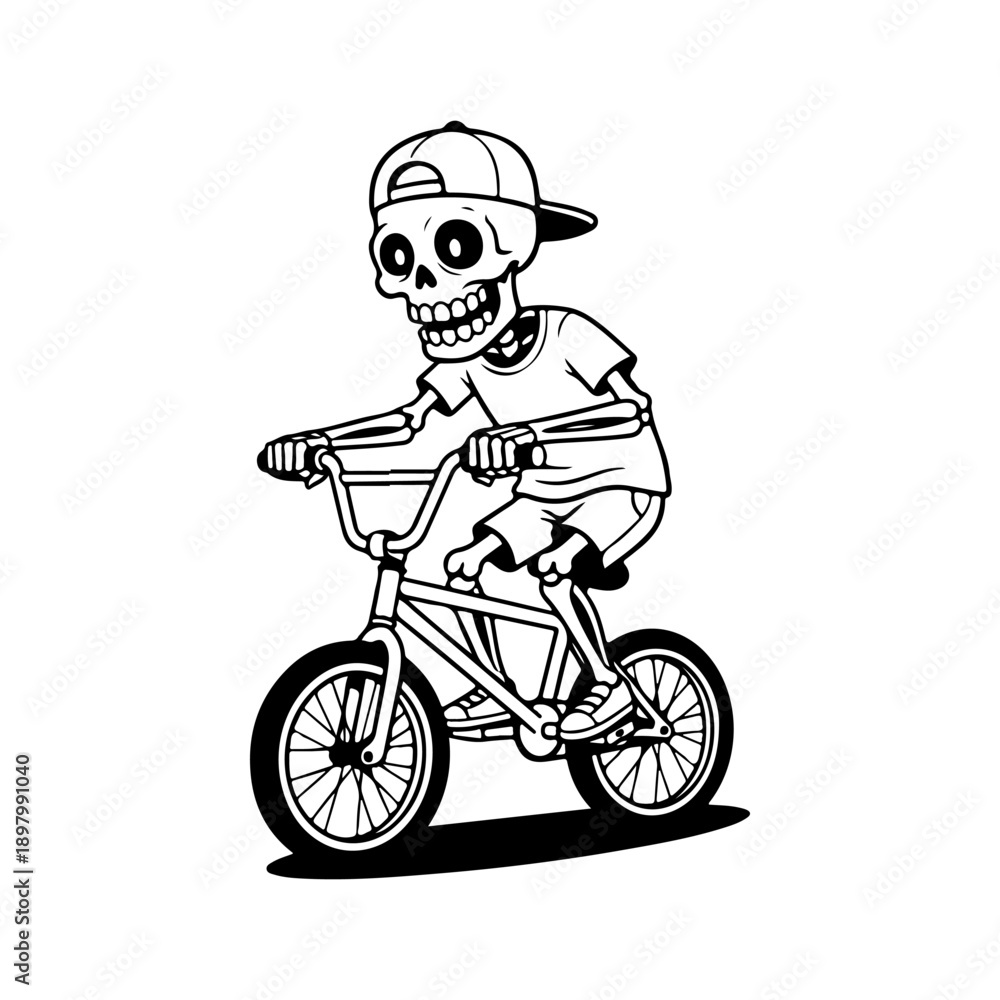 Obraz premium A playful black and white vector illustration of a cartoon skeleton wearing a cap and t-shirt while riding a BMX bicycle. Clean minimalist line art on a white background.