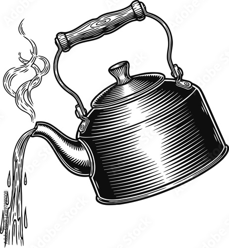 Classic vintage kettle pouring boiling hot water with steam, detailed black and white engraving