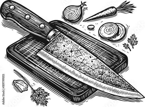Chef's knife on wooden cutting board with onion, carrot, garlic, and herbs sketch illustration