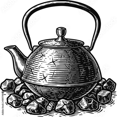 Traditional cast iron kettle surrounded by irregular coal lumps, vintage engraved illustration