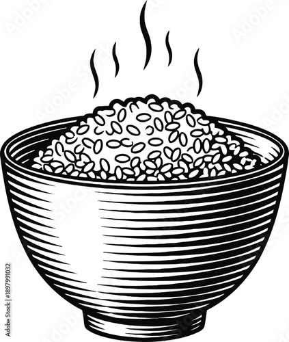 Steaming hot bowl of cooked rice served in a traditional round container, detailed black and white illustration