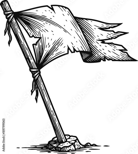 Tattered white flag on wooden pole planted in the ground vintage distressed banner waving in the wind