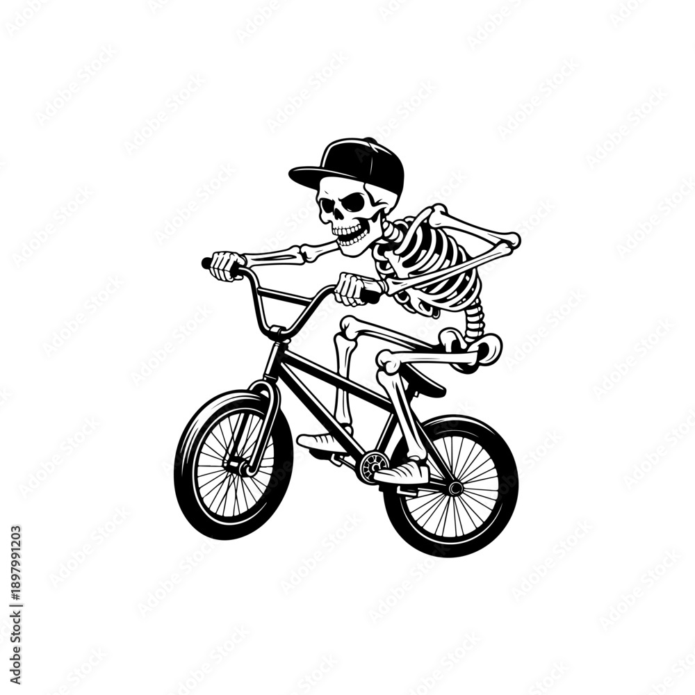 Naklejka premium A playful black and white vector illustration of a cartoon skeleton wearing a cap and t-shirt while riding a BMX bicycle. Clean minimalist line art on a white background.