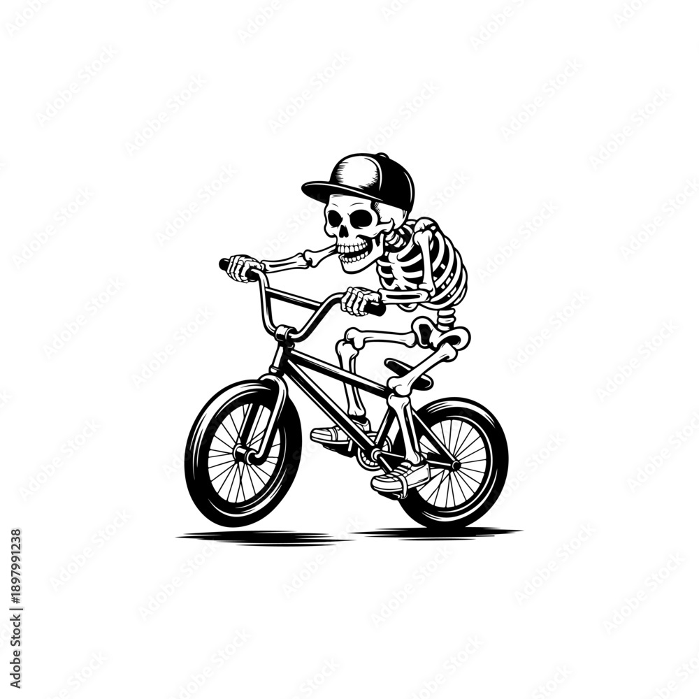 Obraz premium A playful black and white vector illustration of a cartoon skeleton wearing a cap and t-shirt while riding a BMX bicycle. Clean minimalist line art on a white background.