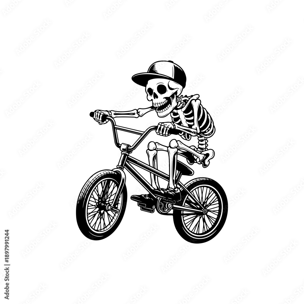 Naklejka premium A playful black and white vector illustration of a cartoon skeleton wearing a cap and t-shirt while riding a BMX bicycle. Clean minimalist line art on a white background.