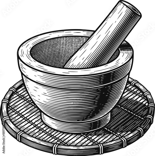 Mortar and pestle with woven mat base classic kitchen tool for grinding and crushing ingredients by hand