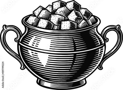 Vintage sugar bowl filled with sugar cubes classic two handled container for sweetener