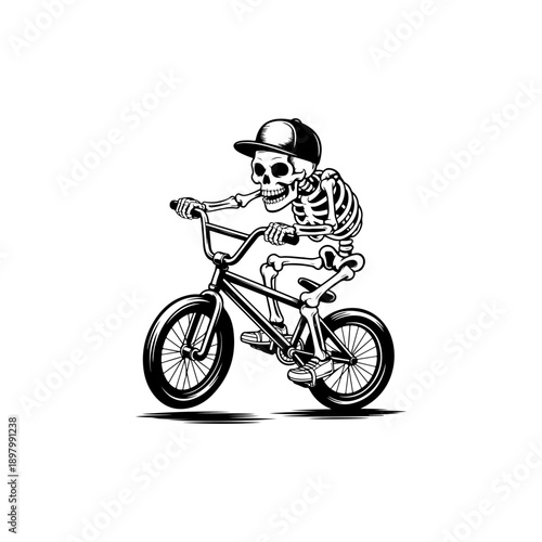 A playful black and white vector illustration of a cartoon skeleton wearing a cap and t-shirt while riding a BMX bicycle. Clean minimalist line art on a white background.