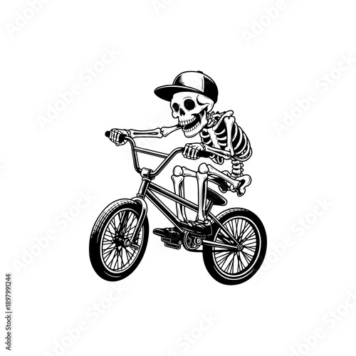 A playful black and white vector illustration of a cartoon skeleton wearing a cap and t-shirt while riding a BMX bicycle. Clean minimalist line art on a white background.