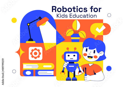 Robotics For Kids Education Vector Illustration Featuring Learning Technology And STEM In a Flat Cartoon Style Background
