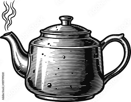 Vintage teapot with steam rising classic metal kettle design with handle and spout
