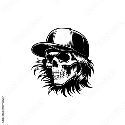 A black and white vector illustration of a human skull with long flowing hair wearing a baseball cap. A stylish, high-contrast graphic isolated on a white background.