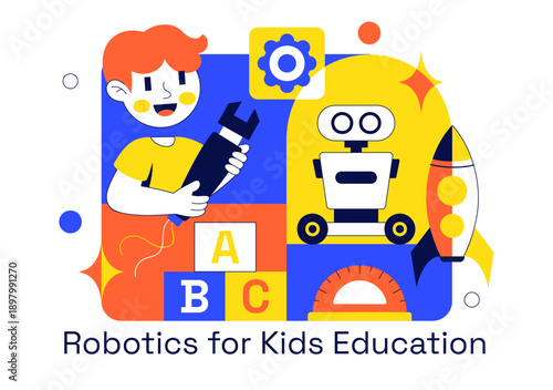 Robotics For Kids Education Vector Illustration Featuring Learning Technology And STEM In a Flat Cartoon Style Background