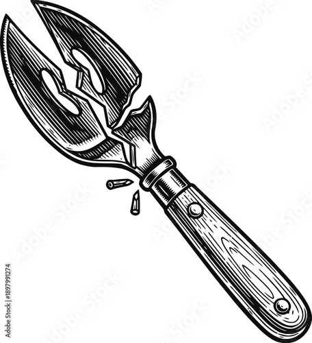 Broken vintage metal pliers with wooden handle, detailed hand drawn tool illustration