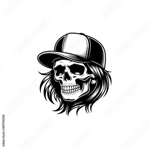 A black and white vector illustration of a human skull with long flowing hair wearing a baseball cap. A stylish, high-contrast graphic isolated on a white background.
