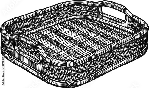 Handwoven wicker basket tray with handles, rustic natural fiber serving and storage container