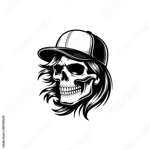 A black and white vector illustration of a human skull with long flowing hair wearing a baseball cap. A stylish, high-contrast graphic isolated on a white background.
