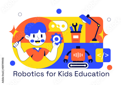 Robotics For Kids Education Vector Illustration Featuring Learning Technology And STEM In a Flat Cartoon Style Background