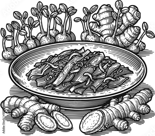 Hand drawn turmeric roots and fresh sprouts surrounding a bowl of thinly sliced turmeric pieces