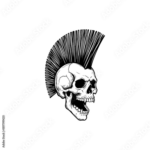 A striking black and white vector illustration of a screaming human skull with a large, detailed mohawk hairstyle. Bold, high-contrast punk rock graphic art.