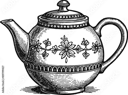Vintage teapot with floral decoration and lid, ornate ceramic teaware illustration