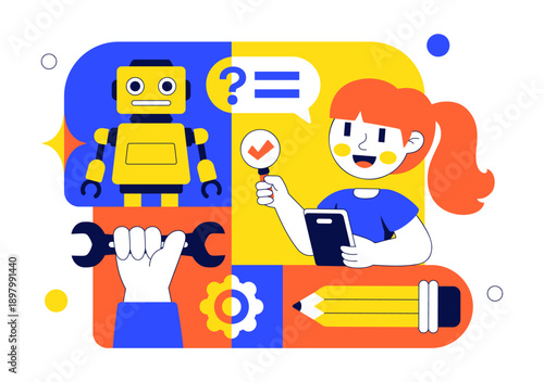 Robotics For Kids Education Vector Illustration Featuring Learning Technology And STEM In a Flat Cartoon Style Background