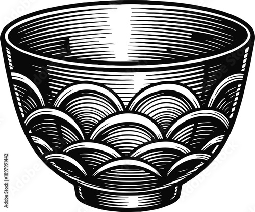 Black and white vintage bowl engraving decorative kitchenware with curved pattern and detailed lines classic ceramic dishware illustration