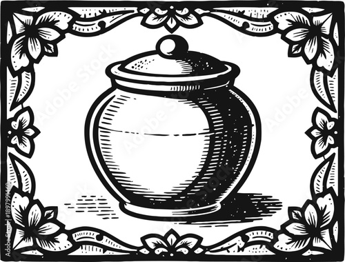 Vintage ceramic jar with lid framed by decorative floral border in engraved