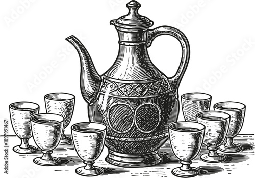 Antique decorative jug with handle and spout surrounded by eight matching drinking cups set