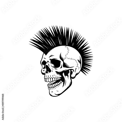 A striking black and white vector illustration of a screaming human skull with a large, detailed mohawk hairstyle. Bold, high-contrast punk rock graphic art.