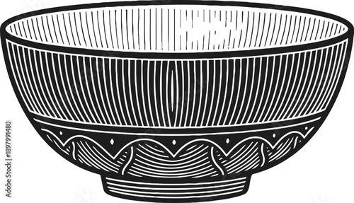 hand drawn decorative bowl with intricate patterns and vertical lines vintage kitchenware illustration