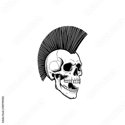 A striking black and white vector illustration of a screaming human skull with a large, detailed mohawk hairstyle. Bold, high-contrast punk rock graphic art.